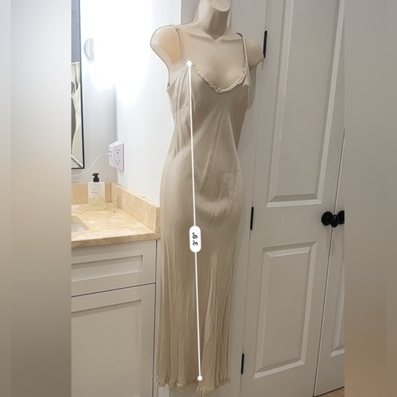 Pharaoh Beige Satin Slip Dress with Frayed Trim, Size P/XS - Picture 10 of 13